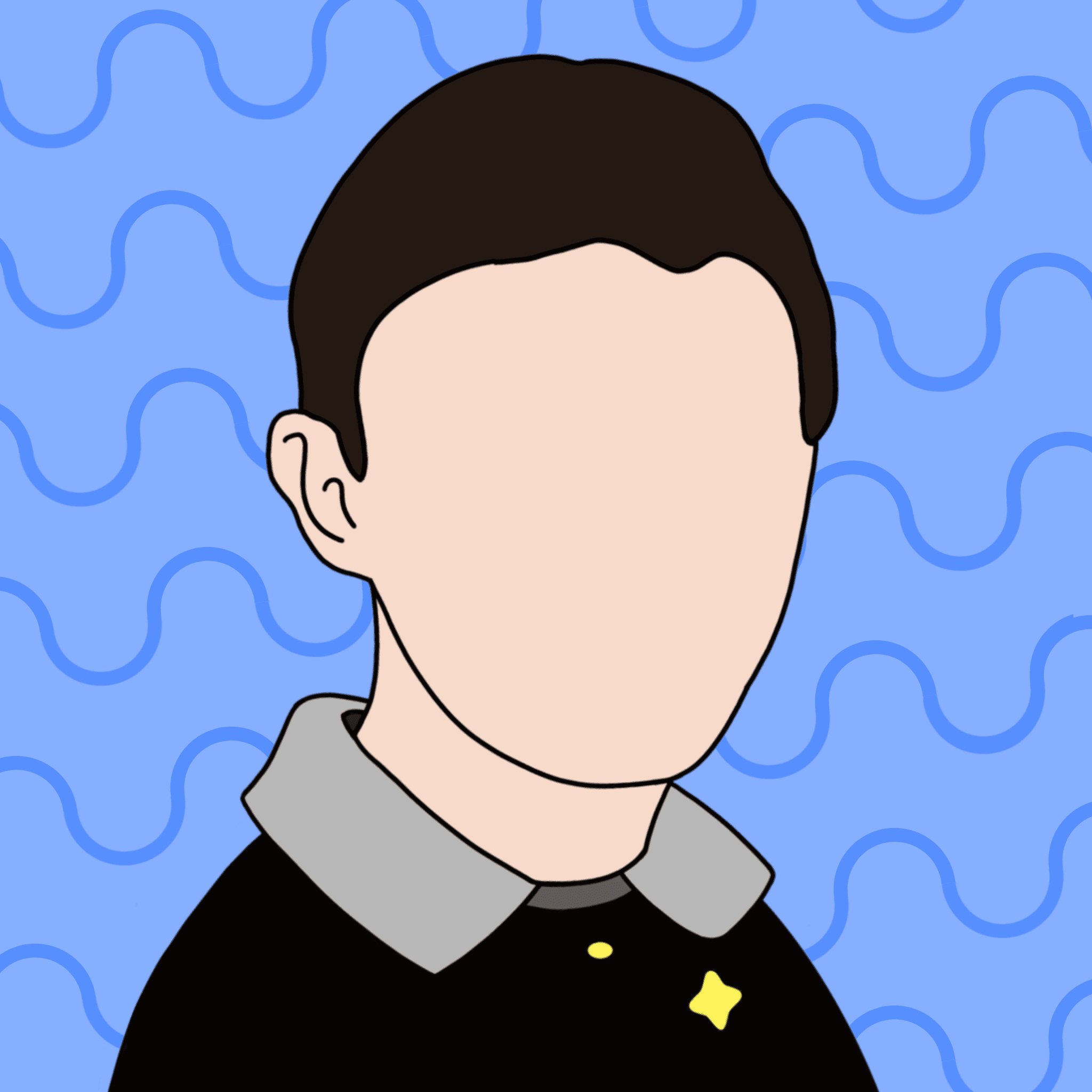 Ludo's avatar. A minimalist portrait of a faceless Ludo wearing a black shirt with a yellow sparkle pin. The background is light blue and decorated with a regular pattern of wavy lines.